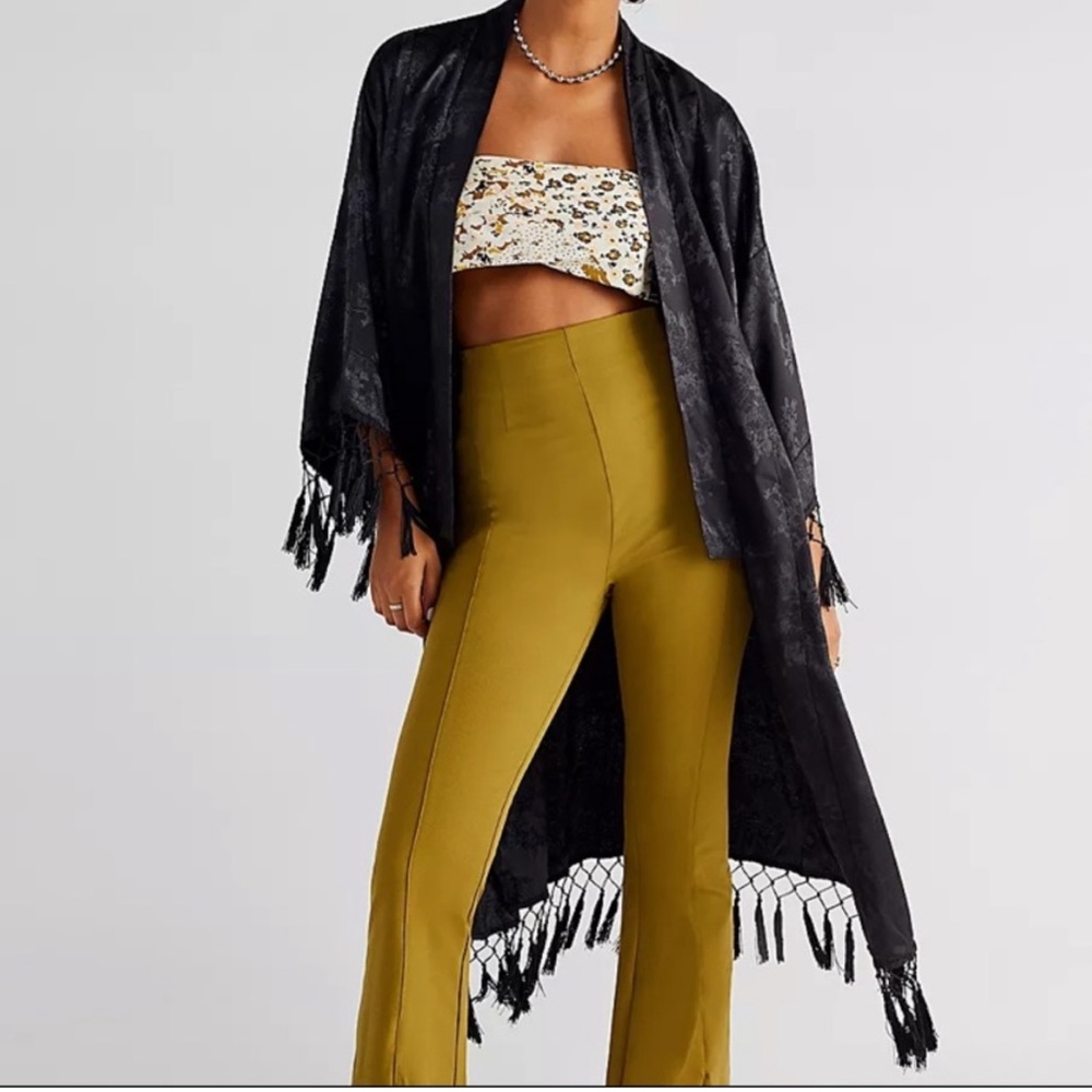 Free People Tinsletown Kimono Floral Black Fringe